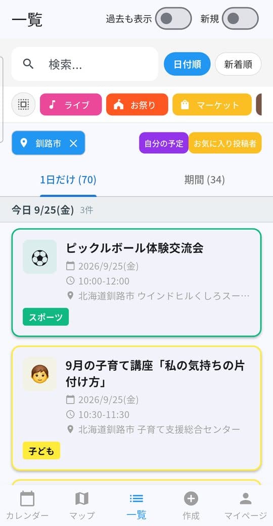 一覧画面(1日だけタブ)