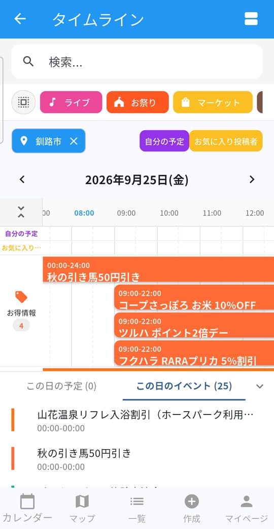 タイムライン下部の「この日のイベント」リスト